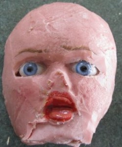Bartenstein 2 face wax doll melted head removed from dome