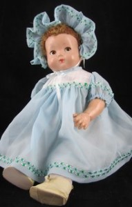 Baby doll dress in pastel blue organdy green and blue rayon trim